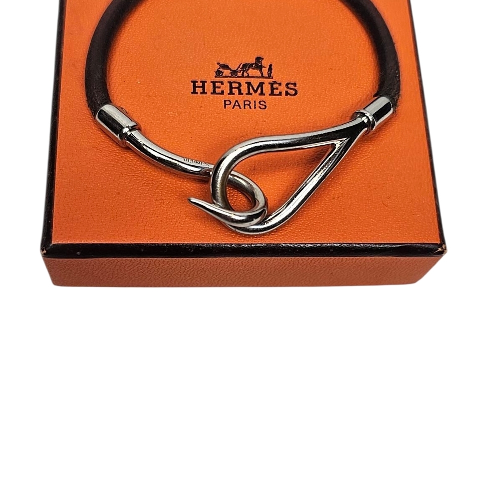 HERMES Brown Leather Palladium Hook Bracelet 6” Small Size Unisex Made in France
